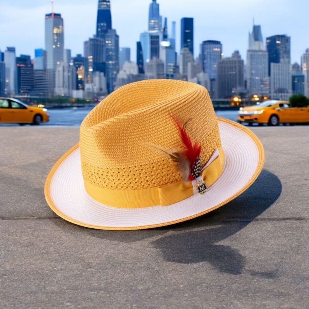MONTIQUE MENS GOLD&WHITE 2 1/2" WIDE BRIM TWO-TONE FEDORA HAT. H94